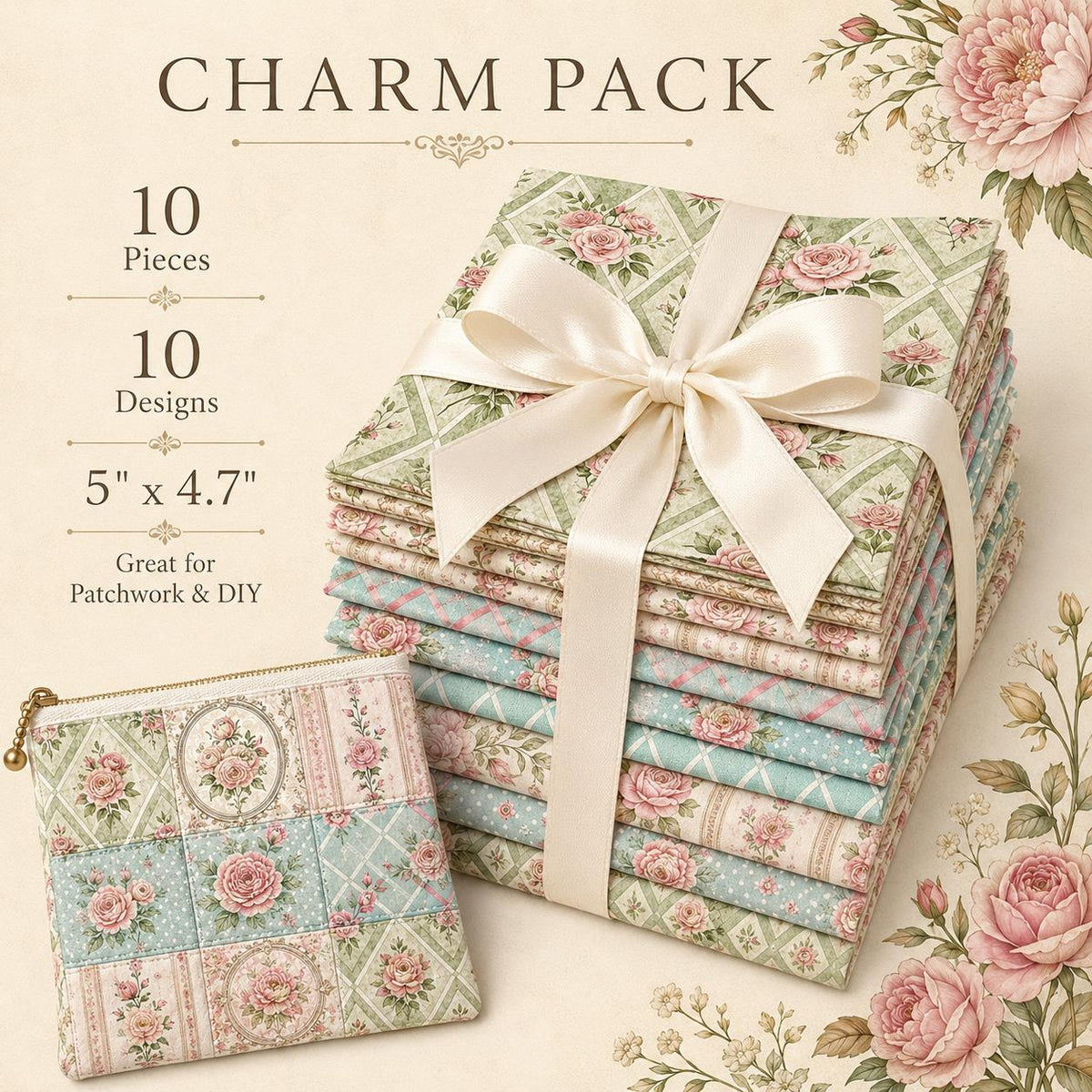 10pcs Charm Pack Set Floral Pattern Vintage Style Handmade DIY with Rich Color and Texture Elements 100% Polyester Patchwork in 10 Design Styles Suitable for Patchwork DIY Craft Projects DIY Wallet Making Gift Giving Bag Making Mother's Day Gift