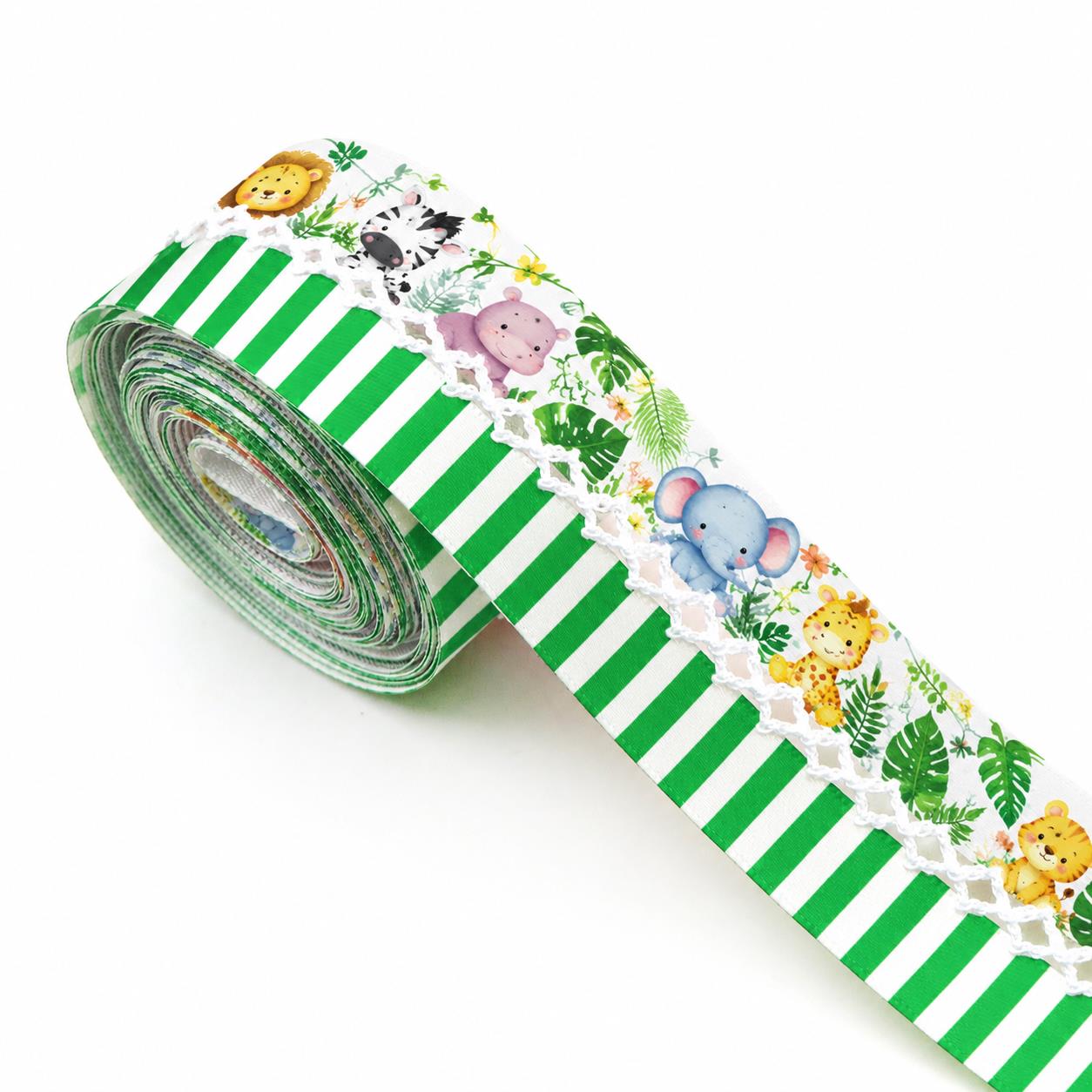 5 Yards Cute Animal Series Ribbon Adorned with Elephant Lions Tiger Stripe Pattern, Width 32mm/1.26-Inch, Two Ribbon Equipped with White Center Hook Edge, Ideal for Showcasing Jewelry And Wrapping Gifts, Creating Bows, Holiday Decorations