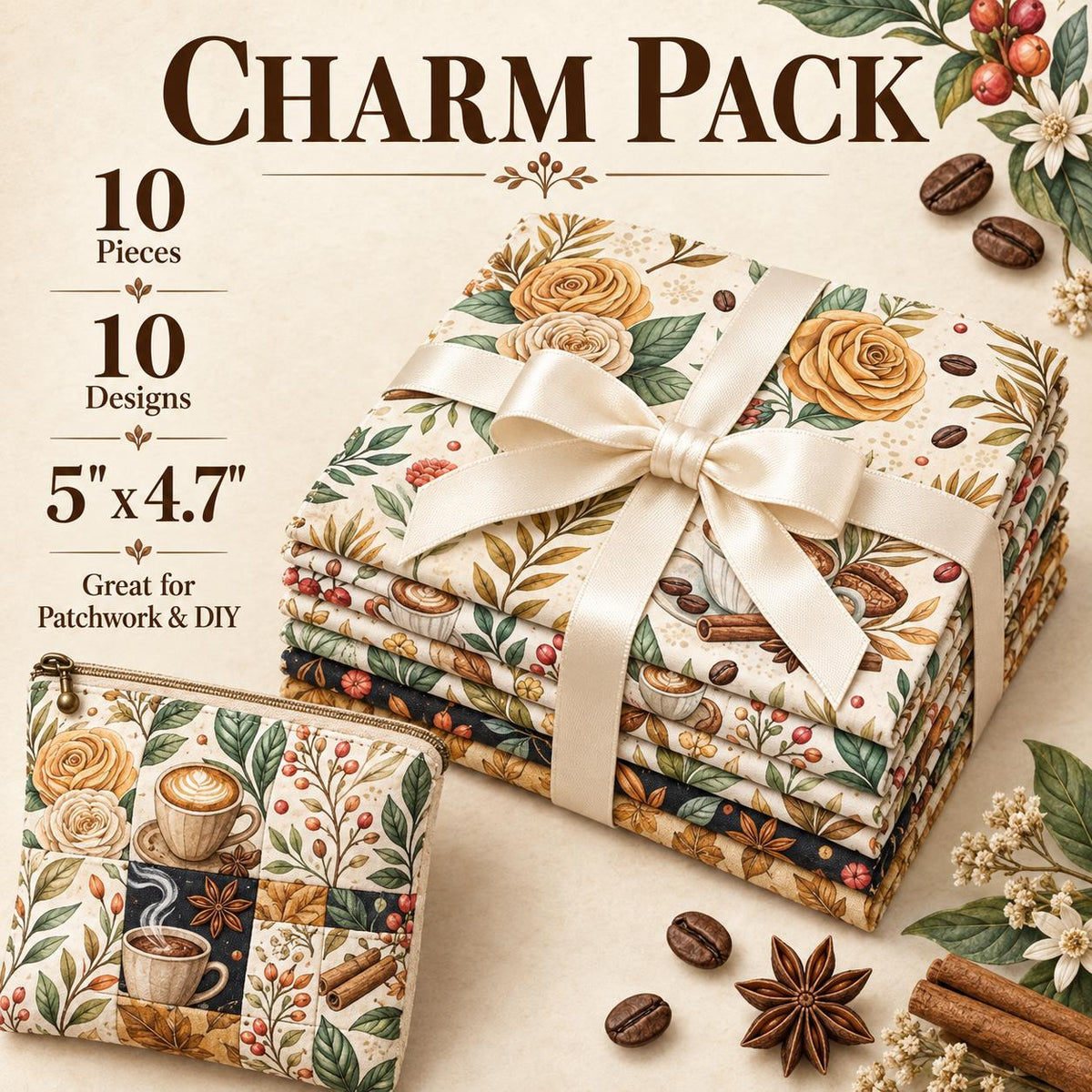 10Pc/Set Christmas Flower Coffee Beans Coffee Series Fat Quarter Fabric, Pre-Cut Square Fabric Assort, Fabric Set, Craft Fabric, Handmade DIY Patchwork Fabric,Home Quilting Sewing Fabric, Packaging Fabric, Scrapbooking Craft Hobbyist
