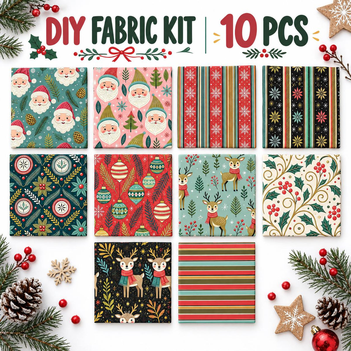 10Pc/Set Christmas Series Flower Stripe Plaid Deer Santa Claus Holly Pinecones Fat Quarter Fabric, Pre-Cut Square Fabric Assort, Fabric Set, Craft Fabric, Handmade DIY Patchwork Fabric,Home Quilting Sewing Fabric, Packaging Fabric, Scrapbooking Craft Hobb