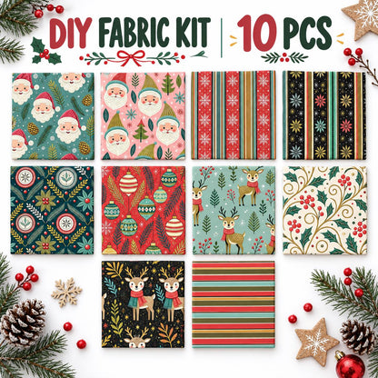 10Pc/Set Christmas Series Flower Stripe Plaid Deer Santa Claus Holly Pinecones Fat Quarter Fabric, Pre-Cut Square Fabric Assort, Fabric Set, Craft Fabric, Handmade DIY Patchwork Fabric,Home Quilting Sewing Fabric, Packaging Fabric, Scrapbooking Craft Hobb