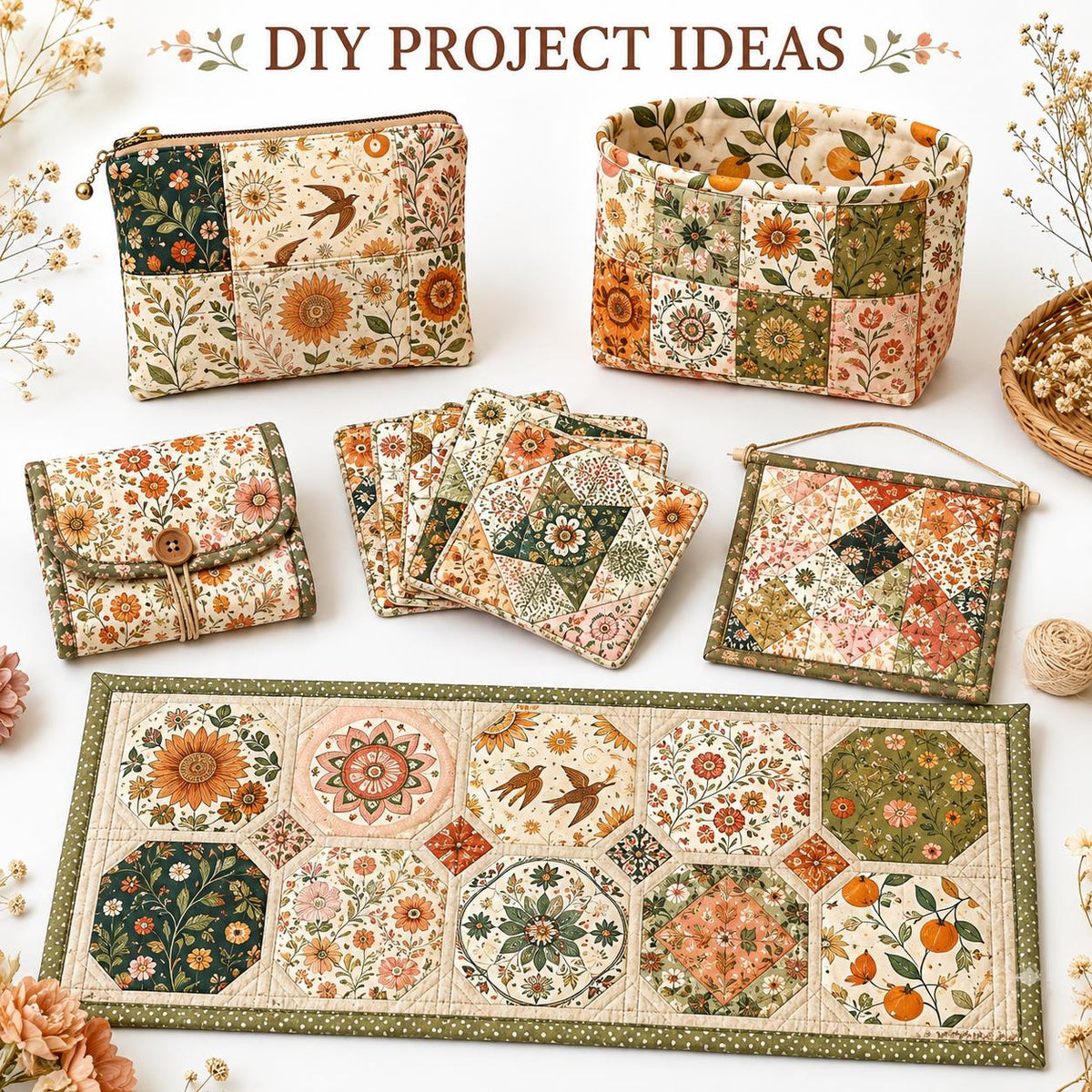 10pcs Charm Pack Set Floral Pattern 100% Polyester Patchwork in 10 Design Styles, Ready-to-Sew Without Cutting, Suitable For Patchwork Wallet Making Gift Giving Tote Bags Coasters DIY Craft Projects