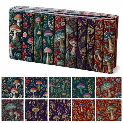 10pcs Vintage Mushroom Floral Pattern Jelly Roll Fabric Strips 2.5X19.7inch Pre-Cut 100% Polyester For Patchwork Quilts, Table Runners, Placemats, Tote Bags, Storage Pouches, Makeup Bags, Coasters, Quilt Blocks & Binding