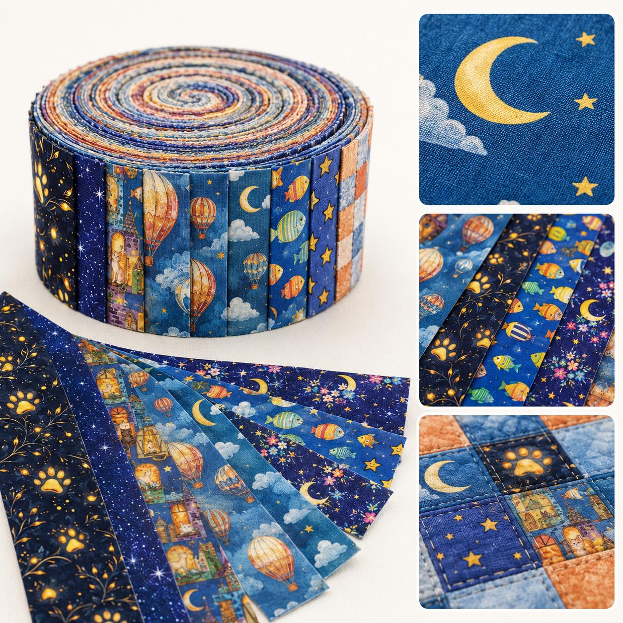 10pcs Vintage Moon Cat Fish Night Pattern Jelly Roll Fabric Strips 2.5X19.7inch Pre-cut 100% Polyester for Patchwork Quilts, Table Runners, Placemats, Tote Bags, Storage Pouches, Makeup Bags, Coasters, Quilt Blocks & Binding Halloween Gift