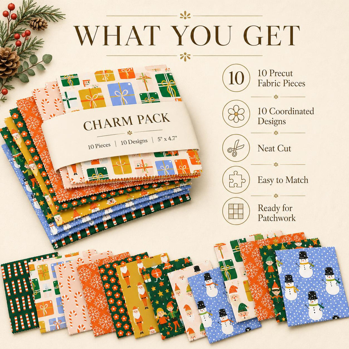 10pcs Charm Pack Set Christmas Santa Pattern Vintage Style Handmade DIY with Rich Color and Texture Elements 100% Polyester Patchwork in 10 Design Styles Suitable for Patchwork DIY Craft Projects DIY Wallet Making Gift Giving Bag Making Mother's Day Gift