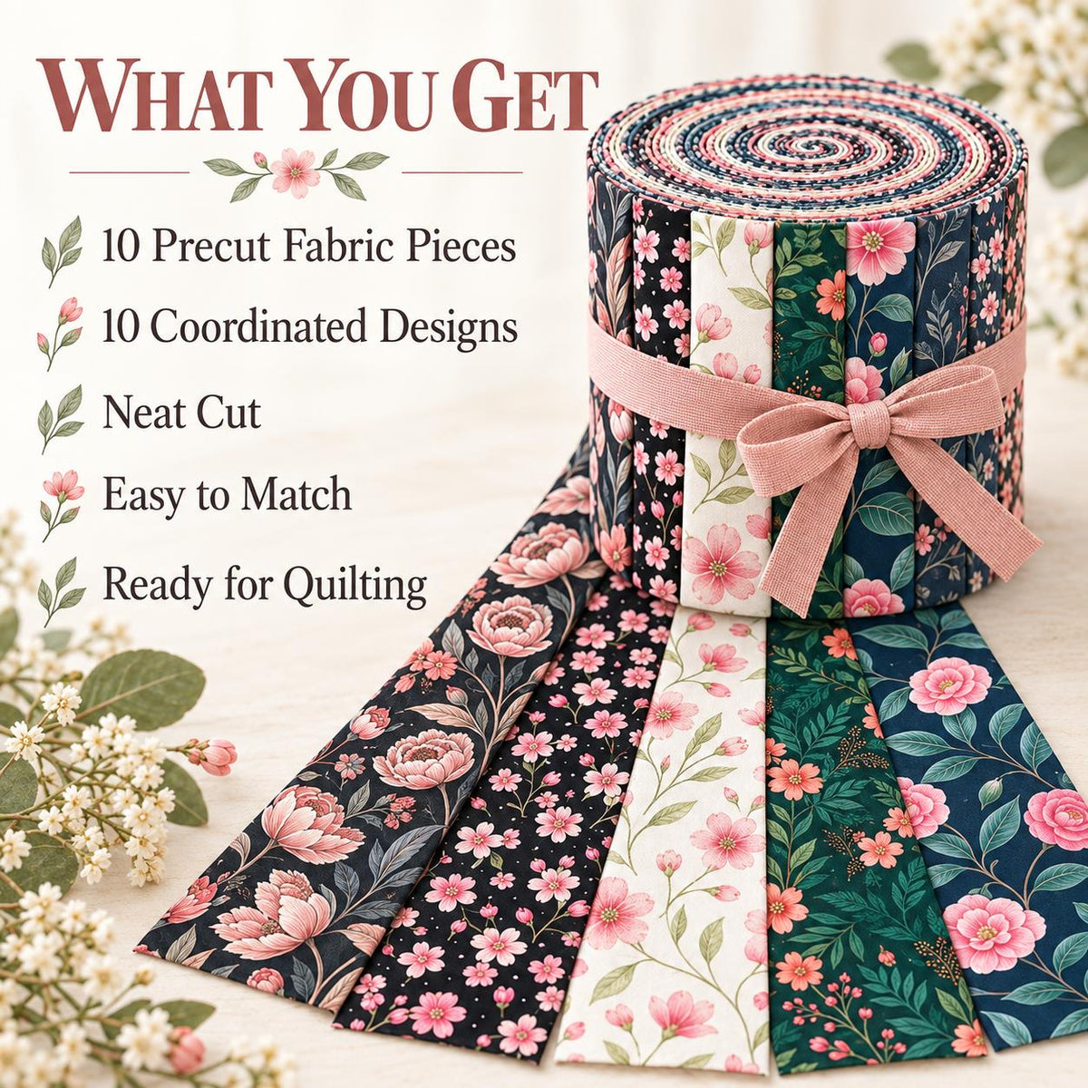 10pcs Vintage Floral Pattern Jelly Roll Fabric Strips 2.5X19.7inch Pre-Cut 100% Polyester For Patchwork Quilts, Table Runners, Placemats, Tote Bags, Storage Pouches, Makeup Bags, Coasters, Quilt Blocks & Binding