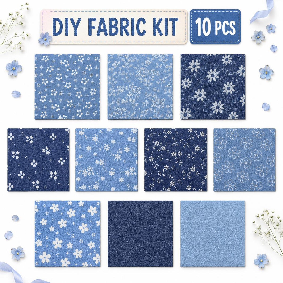 10Pc/Set Flower Denim Series Fat Quarter Fabric, Pre-Cut Square Fabric Assort, Fabric Set, Craft Fabric, Handmade DIY Patchwork Fabric,Home Quilting Sewing Fabric, Packaging Fabric, Scrapbooking Craft Hobbyist
