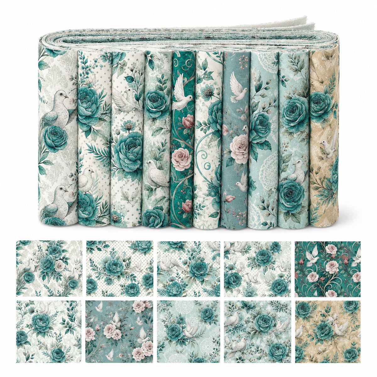 10pcs Vintage Blue Floral Burgundy Pattern Jelly Roll Fabric Strips 2.5X19.7inch Pre-Cut 100% Polyester For Patchwork Quilts, Table Runners, Placemats, Tote Bags, Storage Pouches, Makeup Bags, Coasters, Quilt Blocks & Binding