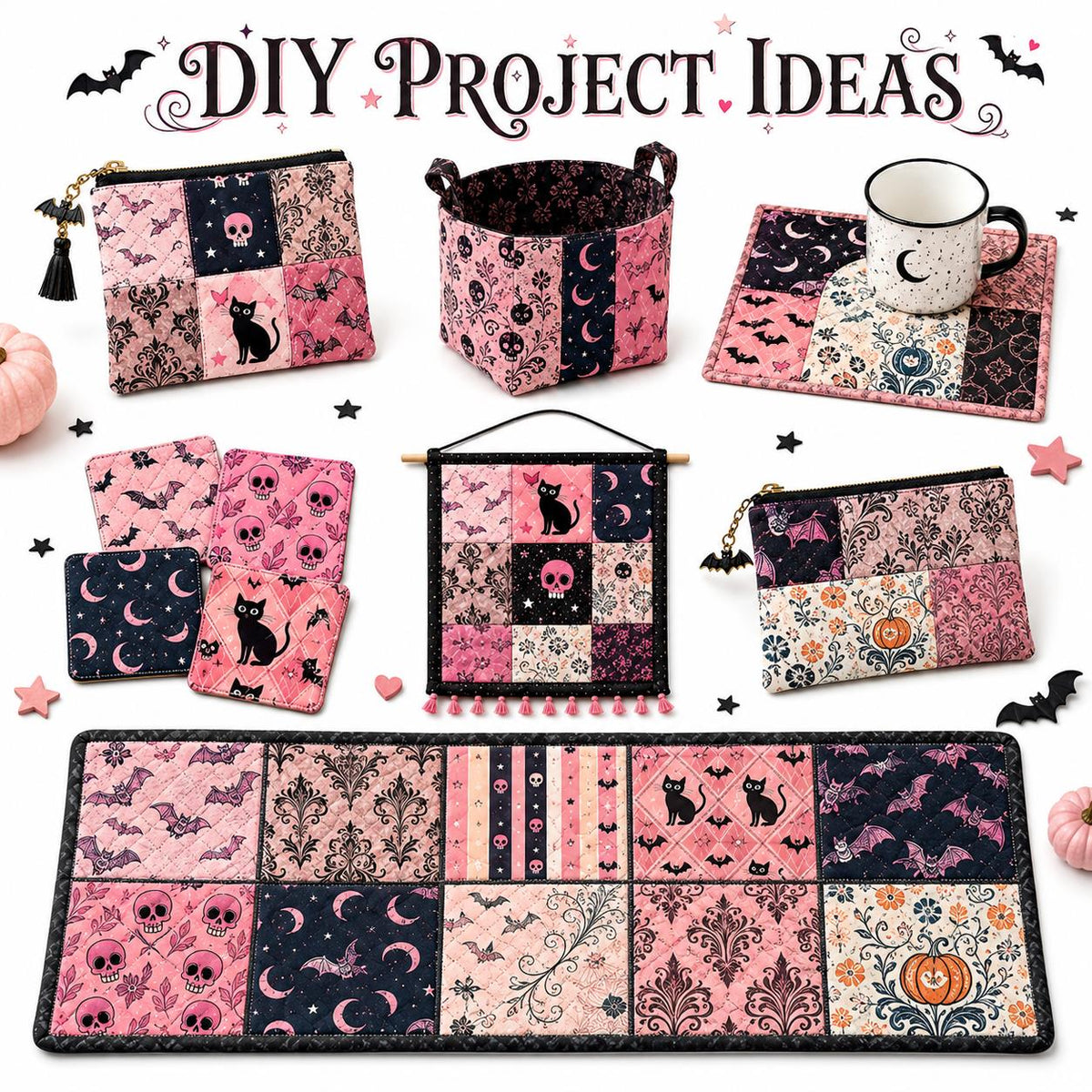 10pcs Charm Pack Set Bat Pumpkin Skull Halloween Vintage Style Pattern Handmade DIY with Rich Color and Texture Elements 100% Polyester Patchwork in 10 Design Styles Suitable for Patchwork DIY Craft Projects DIY Wallet Making Gift Giving Bag Making