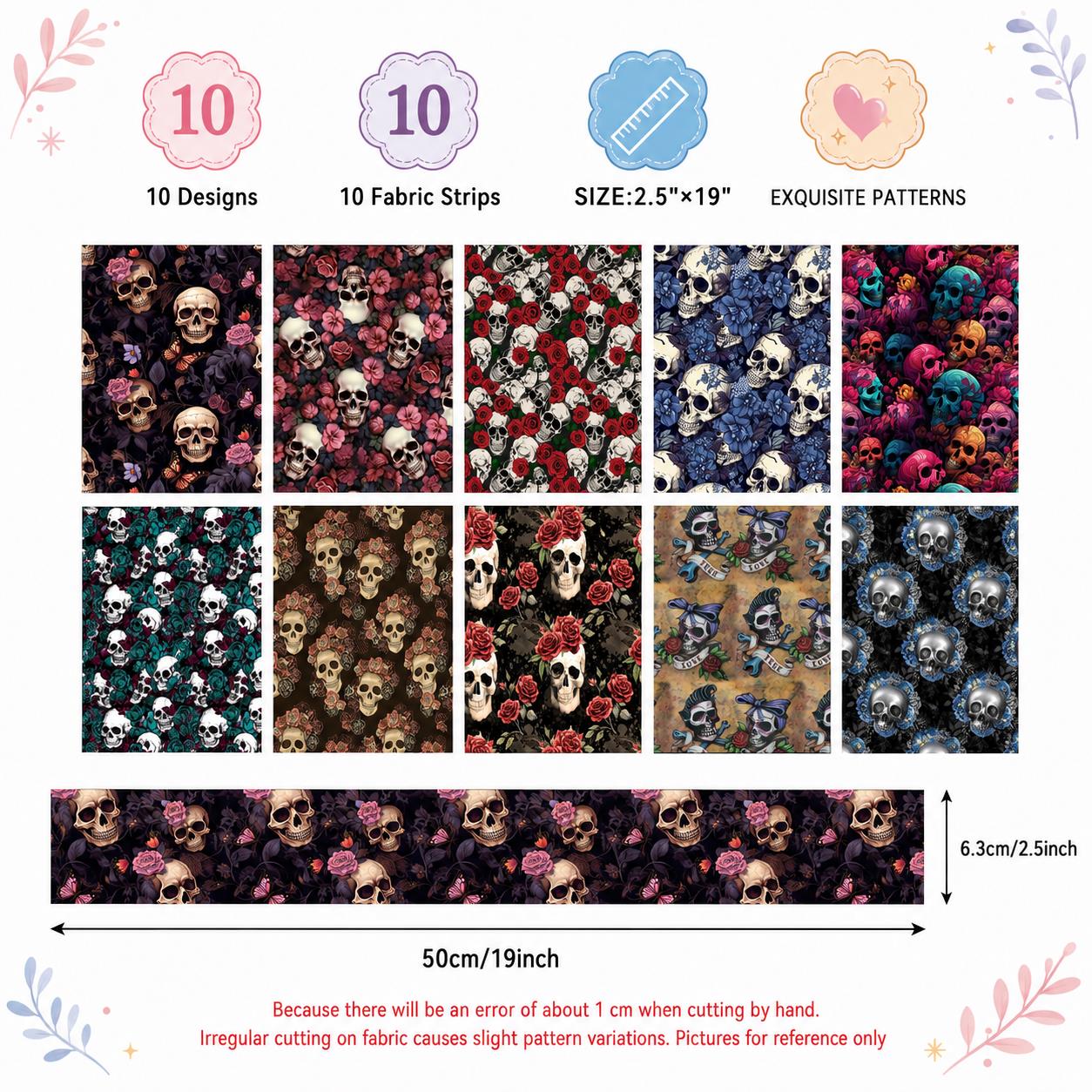 10pcs Skull Halloween Pattern Jelly Roll Fabric Strips 2.5X19.7inch Pre-cut 100% Polyester for Patchwork Quilts, Table Runners, Placemats, Tote Bags, Storage Pouches, Makeup Bags, Coasters, Quilt Blocks & Binding