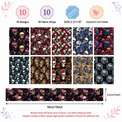 10pcs Skull Halloween Pattern Jelly Roll Fabric Strips 2.5X19.7inch Pre-cut 100% Polyester for Patchwork Quilts, Table Runners, Placemats, Tote Bags, Storage Pouches, Makeup Bags, Coasters, Quilt Blocks & Binding
