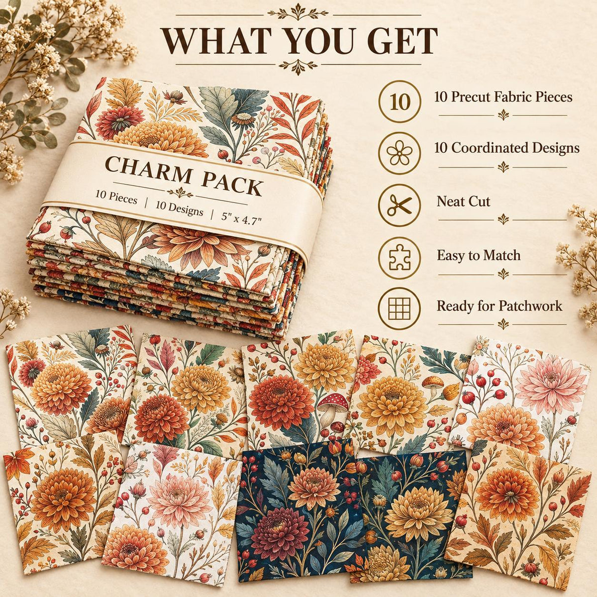 10Pc/Set Flower Series Fat Quarter Fabric, Pre-Cut Square Fabric Assort, Fabric Set, Craft Fabric, Handmade DIY Patchwork Fabric,Home Quilting Sewing Fabric, Packaging Fabric, Scrapbooking Craft Hobbyist