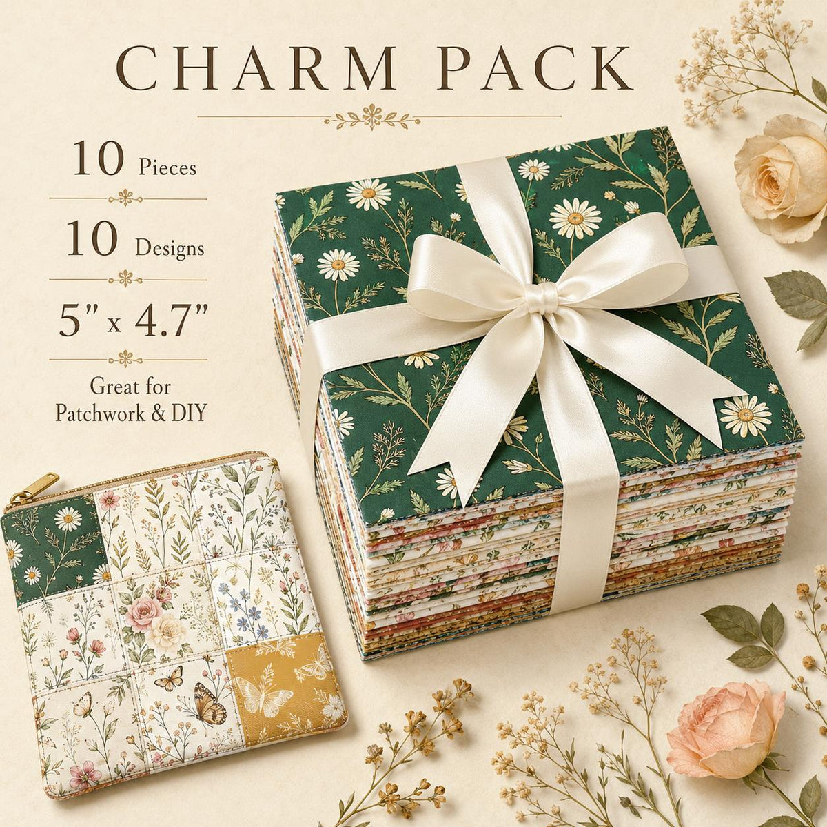 10pcs Charm Pack Set Floral Pattern 100% Polyester Patchwork in 10 Design Styles, Ready-to-Sew Without Cutting, Suitable For Patchwork Wallet Making Gift Giving Tote Bags Coasters DIY Craft Projects