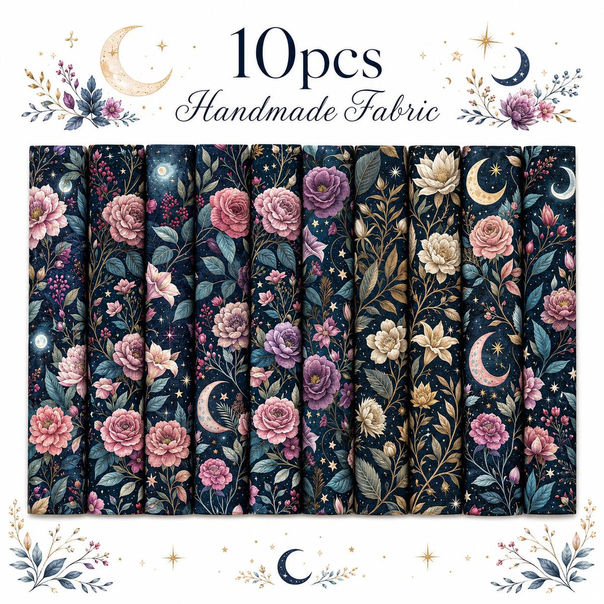 10pcs Vintage Floral Burgundy Moon Pattern Jelly Roll Fabric Strips 2.5X19.7inch Pre-Cut 100% Polyester For Patchwork Quilts, Table Runners, Placemats, Tote Bags, Storage Pouches, Makeup Bags, Coasters, Quilt Blocks & Binding