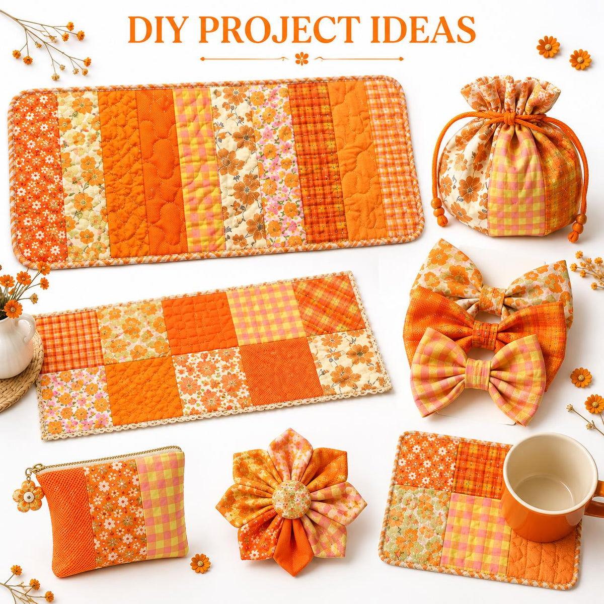 10Pc/Set, Making 10 Images 1pc Each, Each Size: 6.3*50cm Floral Orange Autumn Series Sliced Fabric Set Style Combination, Polyester Jelly Roll Fabric Strips, Pre-Cut Quilting Squares, For Quilting DIY, Handicrafts And Sewing, Blankets, Rugs, Interior Deco