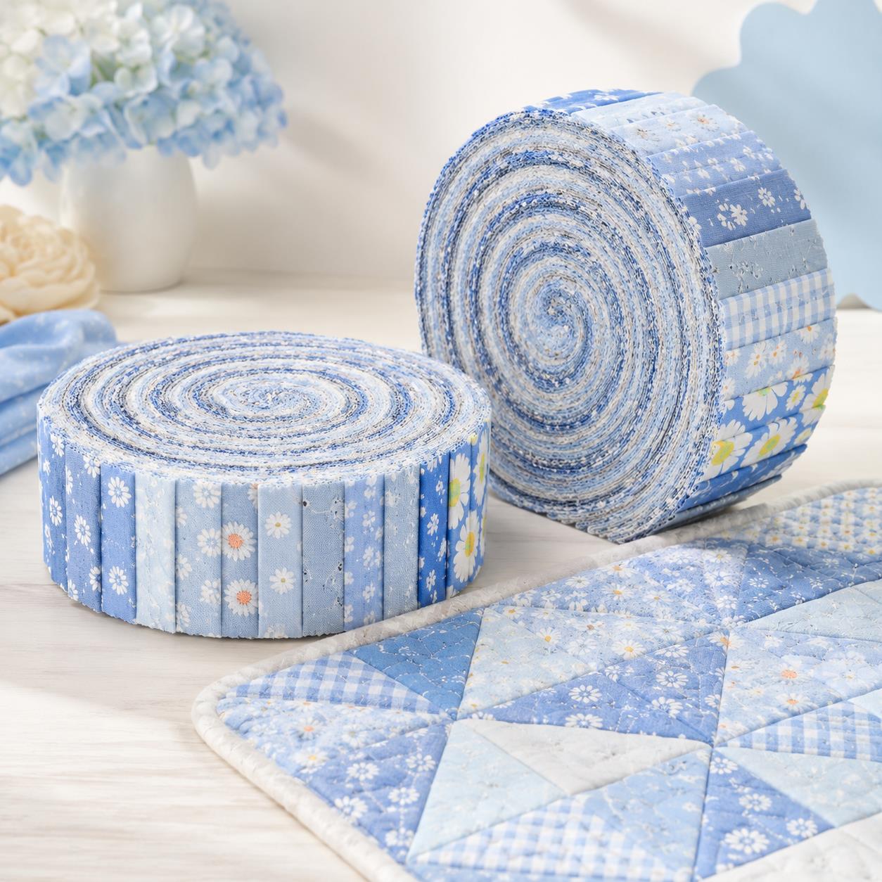 10Pc/Set, Making 10 Images 1pc Each, Each Size: 6.3*50cm Daisy Floral Blue Series Sliced Fabric Set Style Combination, Polyester Jelly Roll Fabric Strips, Pre-Cut Quilting Squares, For Quilting DIY, Handicrafts And Sewing, Blankets, Rugs