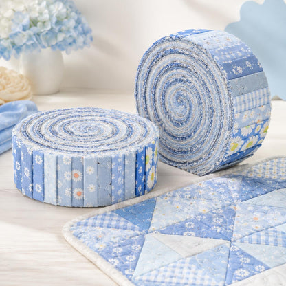 10Pc/Set, Making 10 Images 1pc Each, Each Size: 6.3*50cm Daisy Floral Blue Series Sliced Fabric Set Style Combination, Polyester Jelly Roll Fabric Strips, Pre-Cut Quilting Squares, For Quilting DIY, Handicrafts And Sewing, Blankets, Rugs