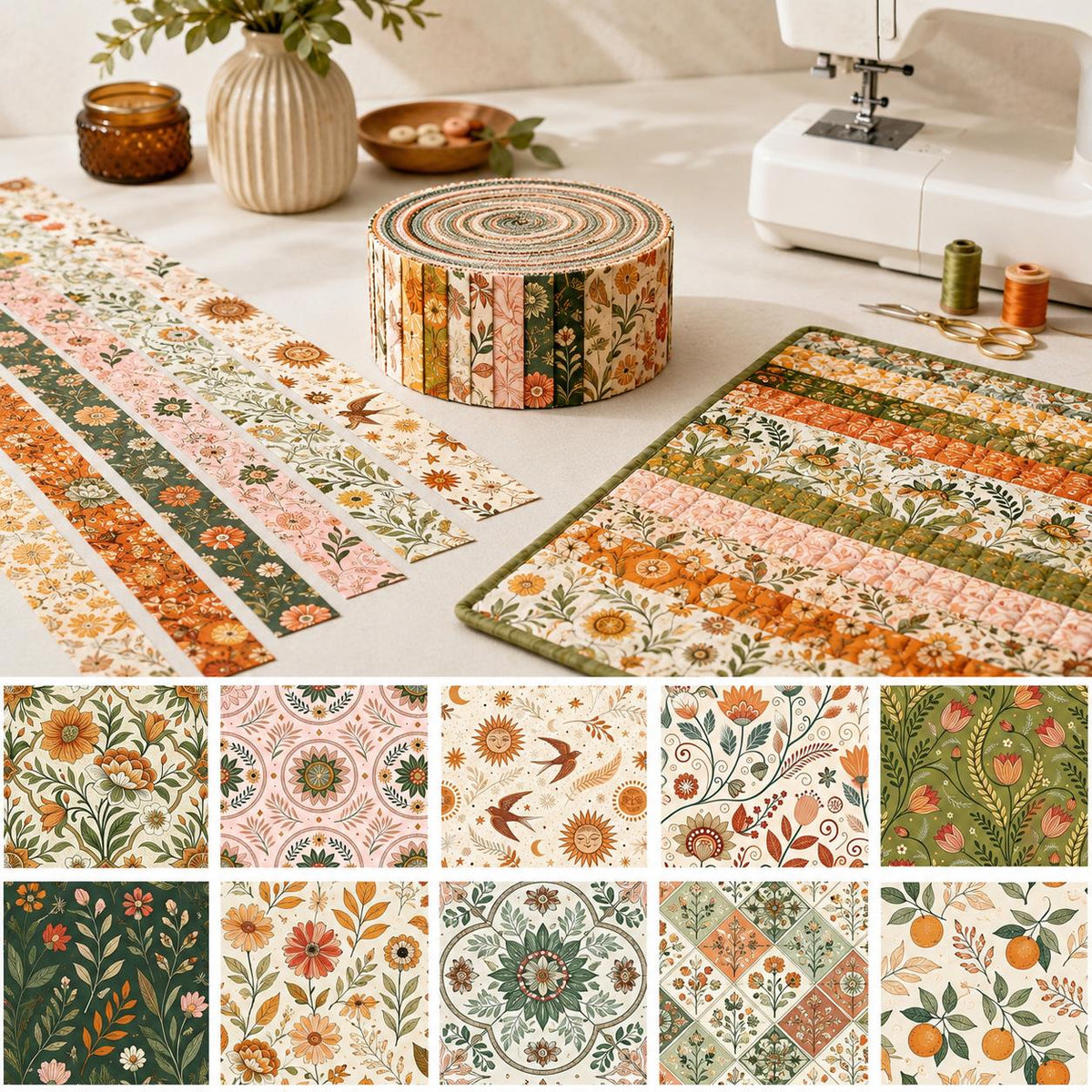10pcs Vintage Floral Pattern Jelly Roll Fabric Strips 2.5X19.7inch Pre-Cut 100% Polyester For Patchwork Quilts, Table Runners, Placemats, Tote Bags, Storage Pouches, Makeup Bags, Coasters, Quilt Blocks & Binding