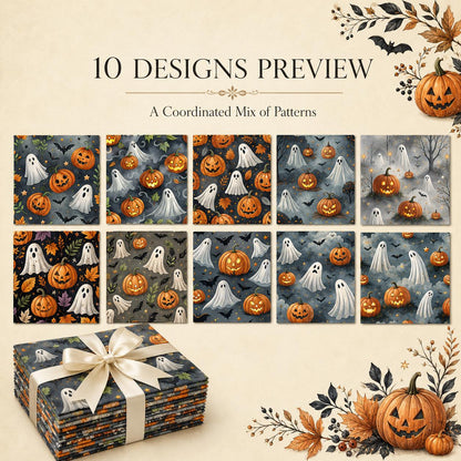 10pcs Charm Pack Set Ghost Pumpkin Halloween Vintage Style Pattern Handmade DIY with Rich Color and Texture Elements 100% Polyester Patchwork in 10 Design Styles Suitable for Patchwork DIY Craft Projects DIY Wallet Making Gift Giving Bag Making
