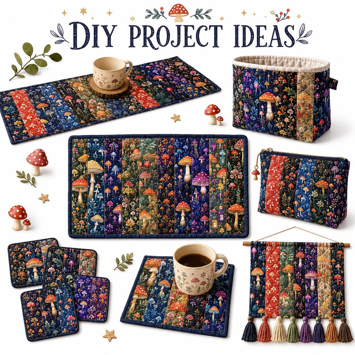 10pcs Vintage Mushroom Dark Pattern Jelly Roll Fabric Strips 2.5X19.7inch Pre-Cut 100% Polyester For Patchwork Quilts, Table Runners, Placemats, Tote Bags, Storage Pouches, Makeup Bags, Coasters, Quilt Blocks & Binding