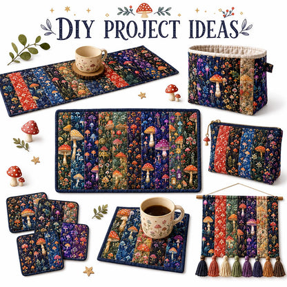 10pcs Vintage Mushroom Dark Pattern Jelly Roll Fabric Strips 2.5X19.7inch Pre-Cut 100% Polyester For Patchwork Quilts, Table Runners, Placemats, Tote Bags, Storage Pouches, Makeup Bags, Coasters, Quilt Blocks & Binding