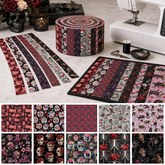 10pcs Vintage Skull Bone Halloween Theme Jelly Roll Fabric Strips 2.5X19.7inch Pre-Cut 100% Cotton For Patchwork Quilts, Table Runners, Placemats, Tote Bags, Storage Pouches, Makeup Bags, Coasters, Quilt Blocks & Binding
