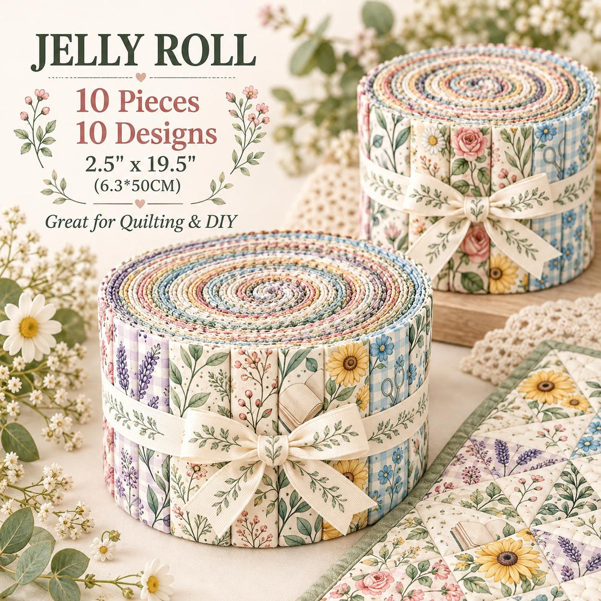 10pcs Vintage Floral Pattern Jelly Roll Fabric Strips 2.5X19.7inch Pre-Cut 100% Polyester For Patchwork Quilts, Table Runners, Placemats, Tote Bags, Storage Pouches, Makeup Bags, Coasters, Quilt Blocks & Binding