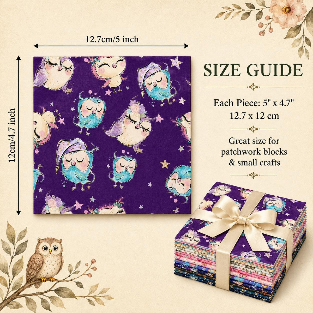 10Pc/Set Flower Owl Series Fat Quarter Fabric, Pre-Cut Square Fabric Assort, Fabric Set, Craft Fabric, Handmade DIY Patchwork Fabric,Home Quilting Sewing Fabric, Packaging Fabric, Scrapbooking Craft Hobbyist
