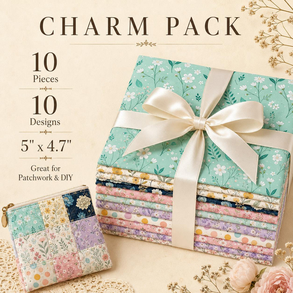 10pcs Charm Pack Set Floral Pattern Vintage Style Handmade DIY with Rich Color and Texture Elements 100% Polyester Patchwork in 10 Design Styles Suitable for Patchwork DIY Craft Projects DIY Wallet Making Gift Giving Bag Making Mother's Day Gift
