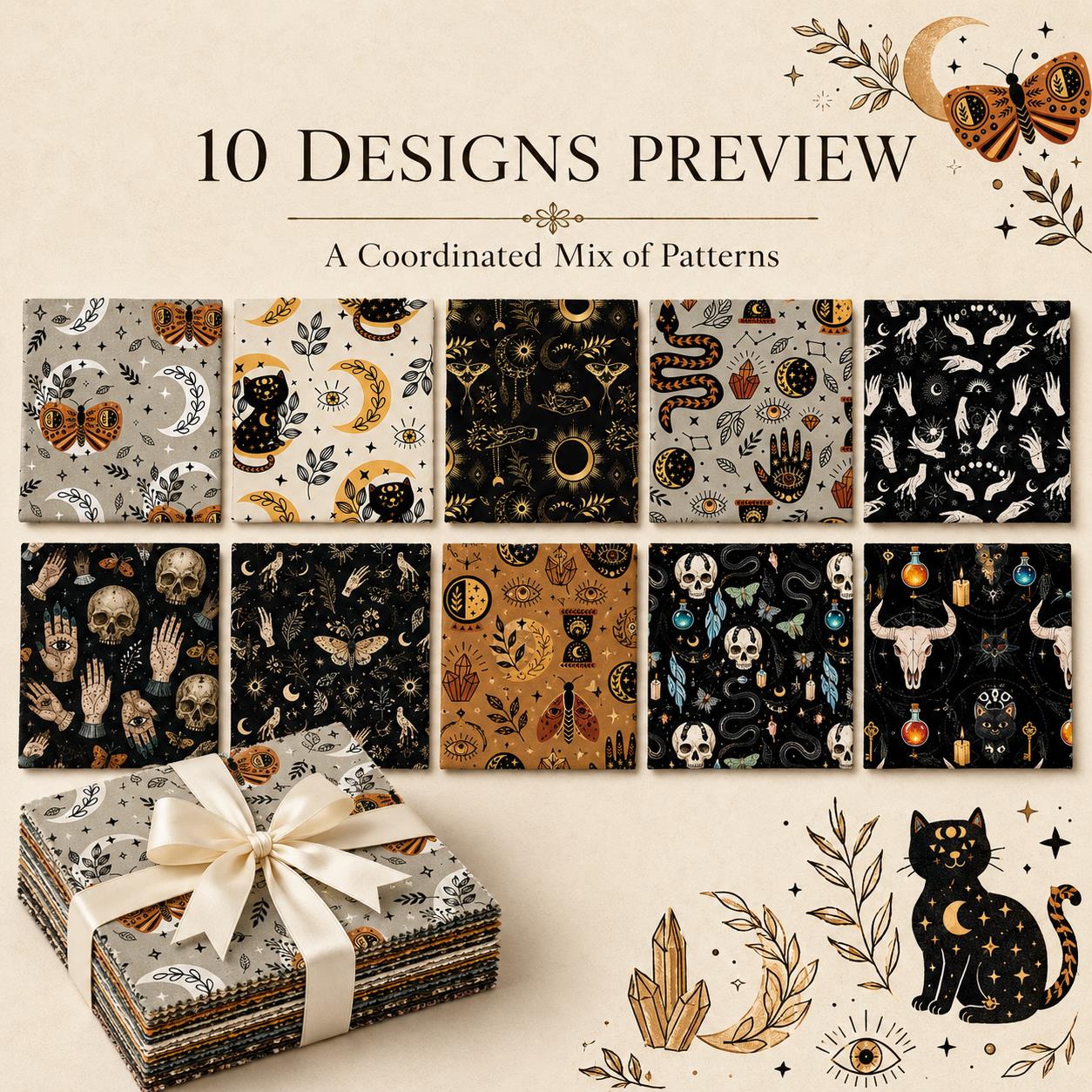 10pcs Charm Pack Set Cat Hand Skull Vintage Style Pattern Handmade DIY with Rich Color and Texture Elements 100% Polyester Patchwork in 10 Design Styles Suitable for Patchwork DIY Craft Projects DIY Wallet Making Gift Giving Bag Making Mother's Day Gift