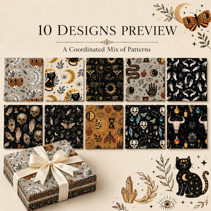10pcs Charm Pack Set Cat Hand Skull Vintage Style Pattern Handmade DIY with Rich Color and Texture Elements 100% Polyester Patchwork in 10 Design Styles Suitable for Patchwork DIY Craft Projects DIY Wallet Making Gift Giving Bag Making Mother's Day Gift