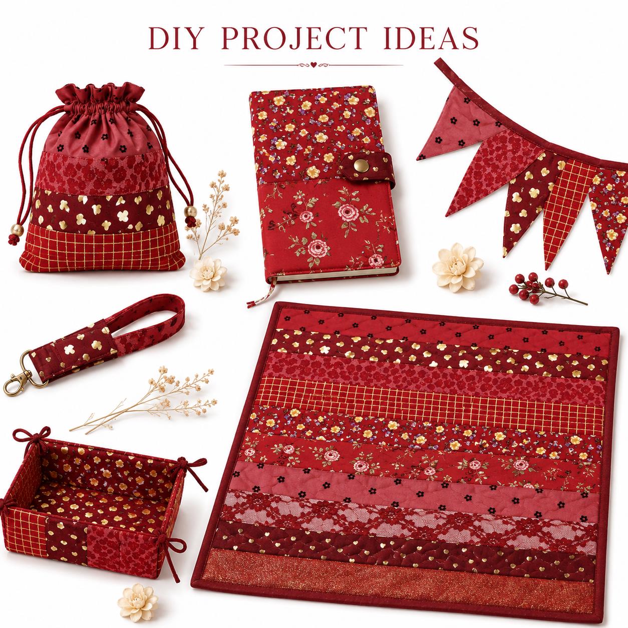 10Pc/Set, Making 10 Images 1pc Each, Each Size: 6.3*50cm Floral Red Series Sliced Fabric Set Style Combination, Polyester Jelly Roll Fabric Strips, Pre-Cut Quilting Squares, For Quilting DIY, Handicrafts And Sewing, Blankets, Rugs, Interior Decoration