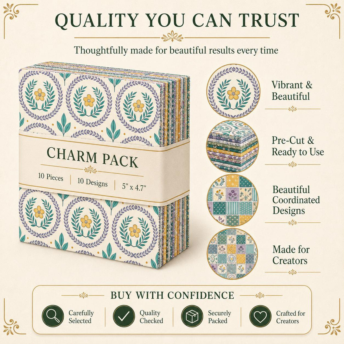 10pcs Charm Pack Set Floral Vintage Style Pattern Handmade DIY with Rich Color and Texture Elements 100% Polyester Patchwork in 10 Design Styles Suitable for Patchwork DIY Craft Projects DIY Wallet Making Gift Giving Bag Making Mother's Day Gift