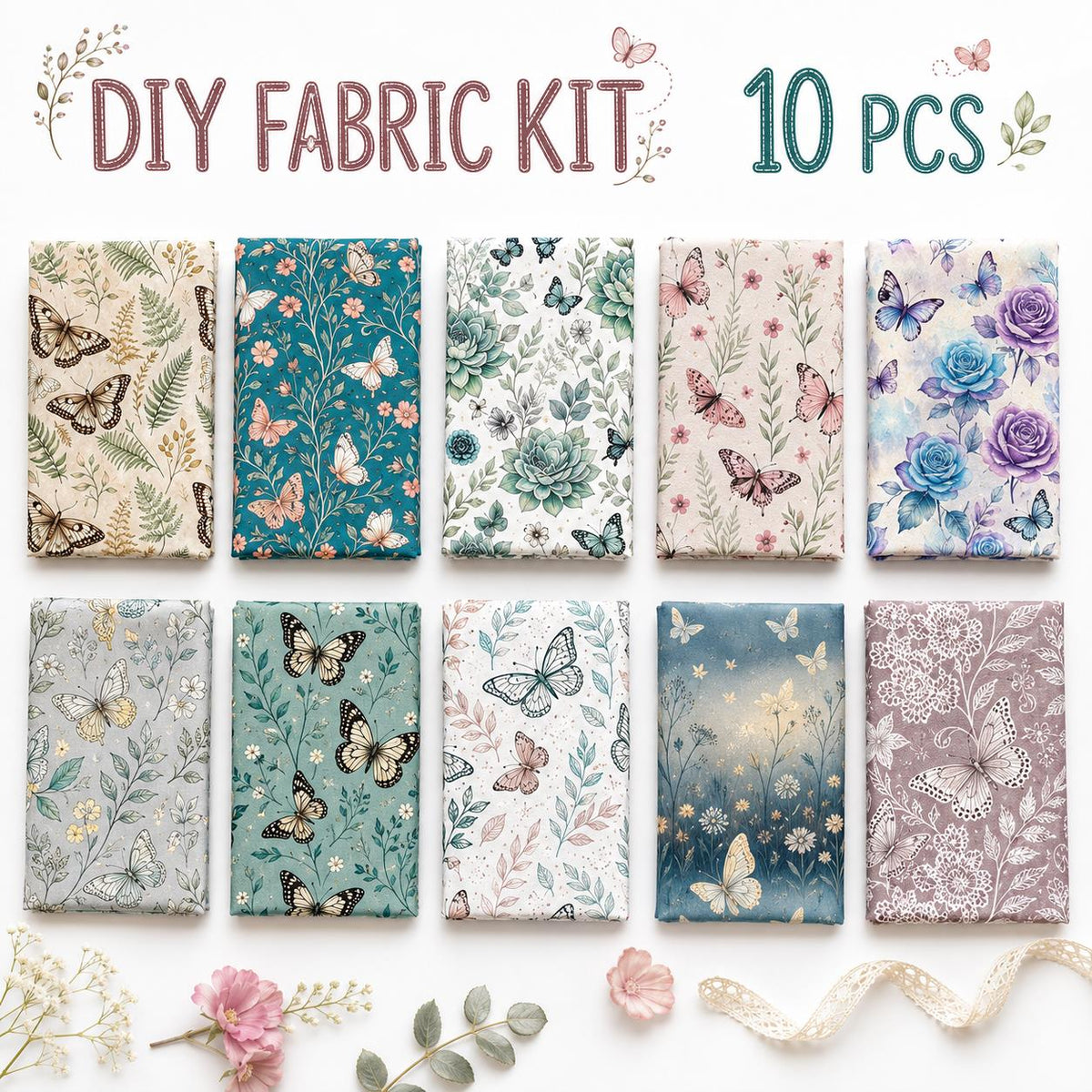 10pcs Charm Pack Set Floral Butterfly Pattern Vintage Style Handmade DIY with Rich Color and Texture Elements 100% Polyester Patchwork in 10 Design Styles Suitable for Patchwork DIY Craft Projects DIY Wallet Making Gift Giving Bag Making Mother's Day Gift