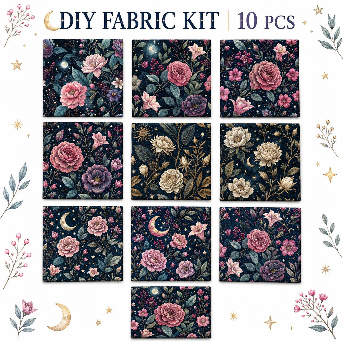 10Pc/Set Flower Black Series Fat Quarter Fabric, Pre-Cut Square Fabric Assort, Fabric Set, Craft Fabric, Handmade DIY Patchwork Fabric,Home Quilting Sewing Fabric, Packaging Fabric, Scrapbooking Craft Hobbyist