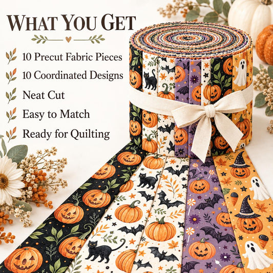 10pcs Vintage Halloween Bat Ghost Pattern Jelly Roll Fabric Strips 2.5X19.7inch Pre-Cut 100% Polyester For Patchwork Quilts, Table Runners, Placemats, Tote Bags, Storage Pouches, Makeup Bags, Coasters, Quilt Blocks & Binding