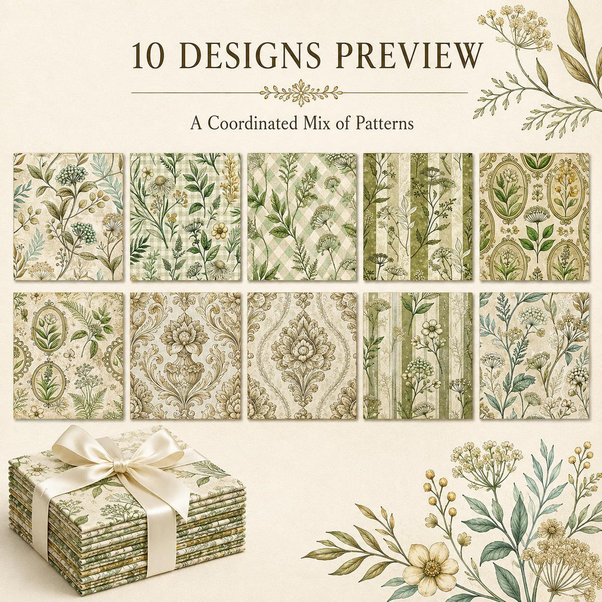 10pcs Charm Pack Set Green Floral Pattern 100% Polyester Patchwork in 10 Design Styles, Ready-to-Sew Without Cutting, Suitable For Patchwork Wallet Making Gift Giving Tote Bags Coasters DIY Craft Projects For Mother's Gift