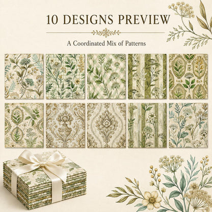 10pcs Charm Pack Set Green Floral Pattern 100% Polyester Patchwork in 10 Design Styles, Ready-to-Sew Without Cutting, Suitable For Patchwork Wallet Making Gift Giving Tote Bags Coasters DIY Craft Projects For Mother's Gift