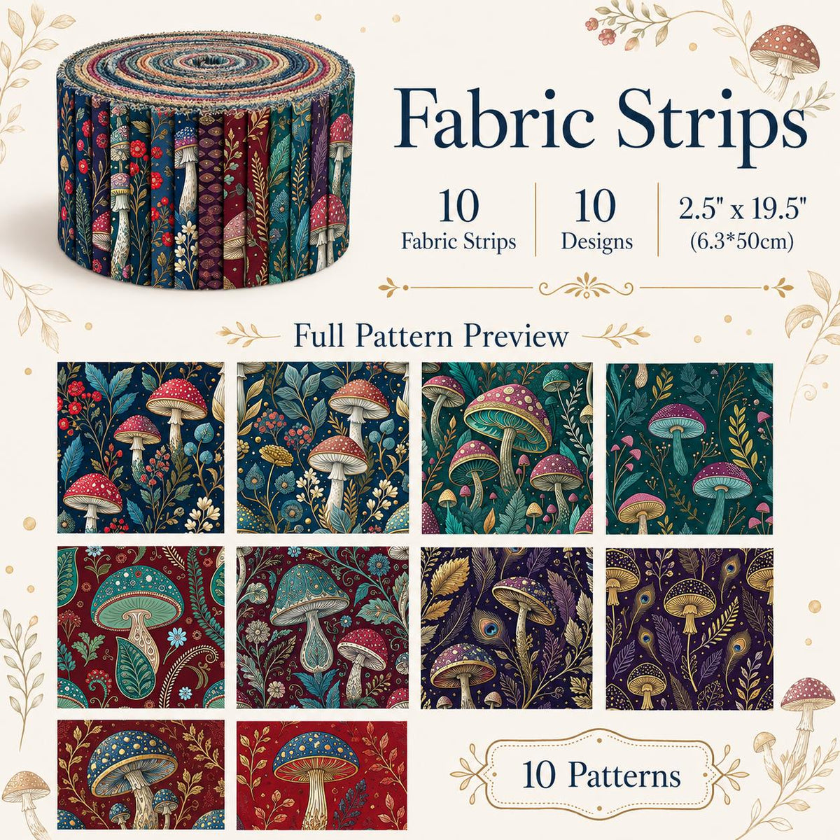 10pcs Vintage Mushroom Floral Pattern Jelly Roll Fabric Strips 2.5X19.7inch Pre-Cut 100% Polyester For Patchwork Quilts, Table Runners, Placemats, Tote Bags, Storage Pouches, Makeup Bags, Coasters, Quilt Blocks & Binding