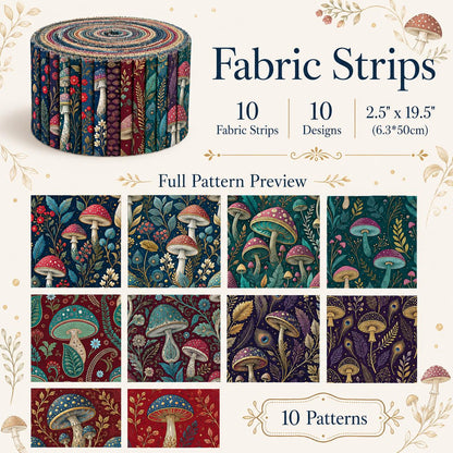 10pcs Vintage Mushroom Floral Pattern Jelly Roll Fabric Strips 2.5X19.7inch Pre-Cut 100% Polyester For Patchwork Quilts, Table Runners, Placemats, Tote Bags, Storage Pouches, Makeup Bags, Coasters, Quilt Blocks & Binding