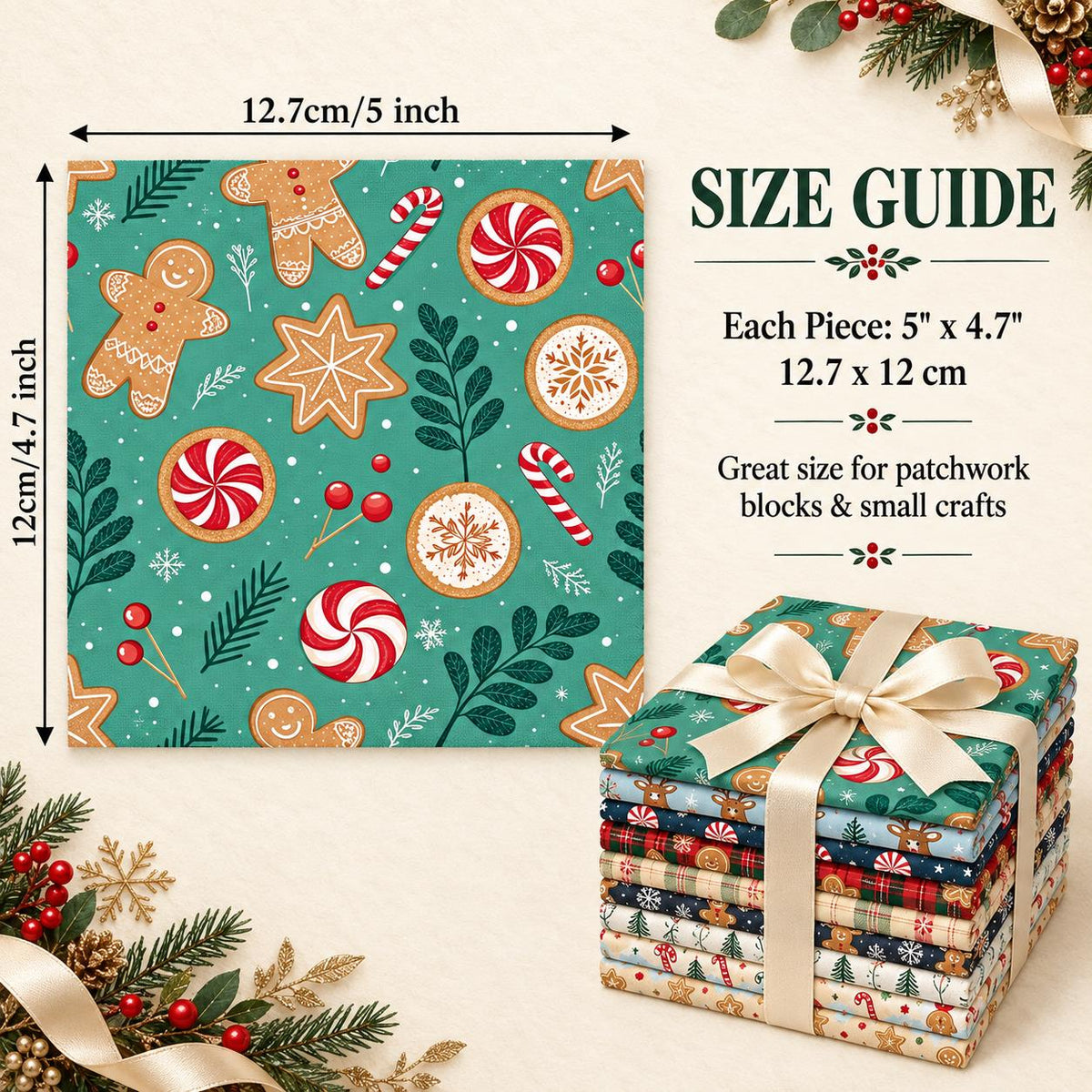 10Pc/Set Christmas Series Stripe Deer Dot Crutch Holly Tree Fat Quarter Fabric, Pre-Cut Square Fabric Assort, Fabric Set, Craft Fabric, Handmade DIY Patchwork Fabric,Home Quilting Sewing Fabric, Packaging Fabric, Scrapbooking Craft Hobbyist