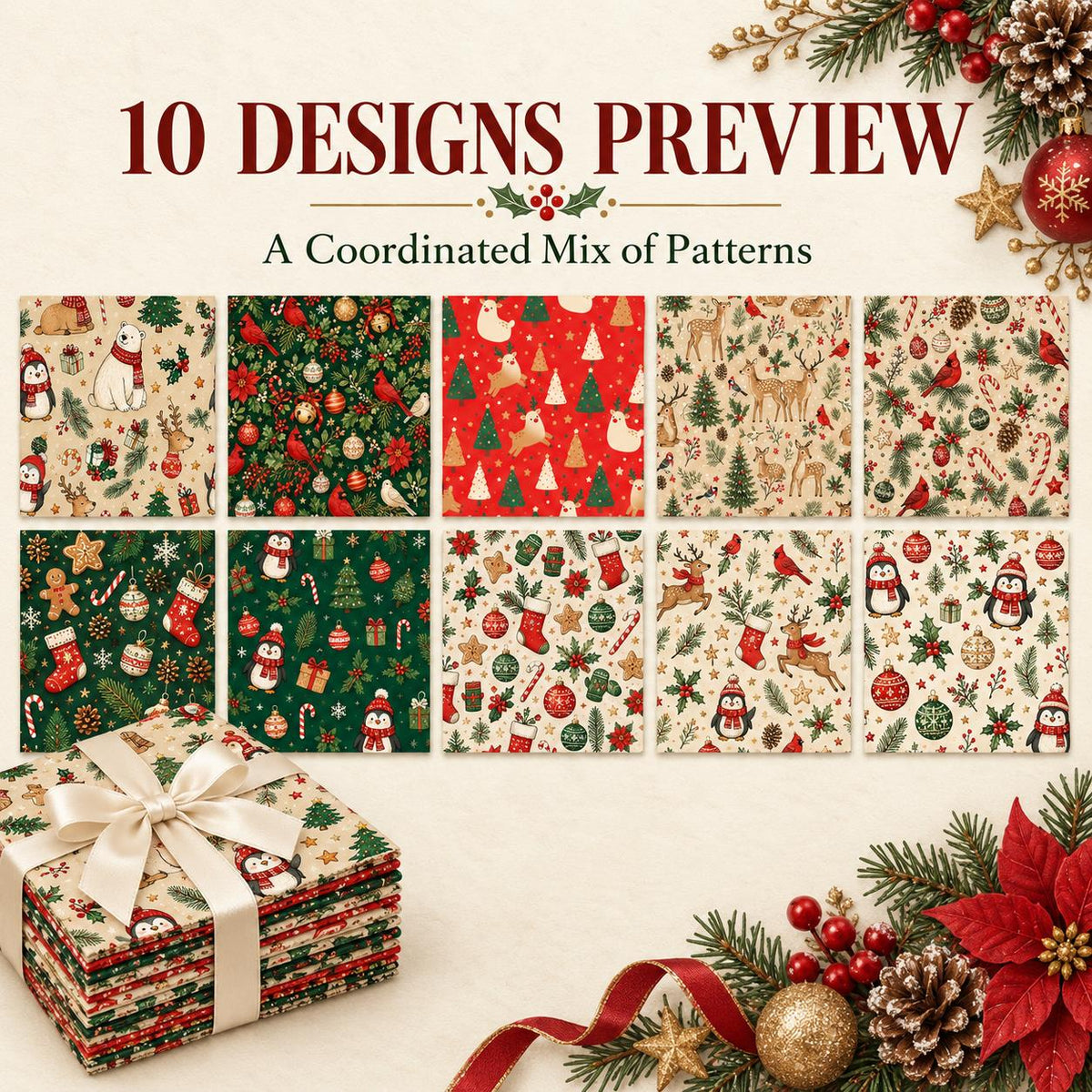 10Pc/Set Christmas Series Flower Bell Star Tree Penguin Bear Holly Crutch Pinecones Northern Cardinal Fat Quarter Fabric, Pre-Cut Square Fabric Assort, Fabric Set, Craft Fabric, Handmade DIY Patchwork Fabric,Home Quilting Sewing Fabric, Packaging Fabric,