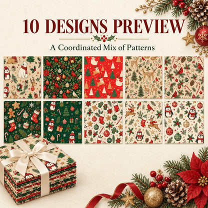10Pc/Set Christmas Series Flower Bell Star Tree Penguin Bear Holly Crutch Pinecones Northern Cardinal Fat Quarter Fabric, Pre-Cut Square Fabric Assort, Fabric Set, Craft Fabric, Handmade DIY Patchwork Fabric,Home Quilting Sewing Fabric, Packaging Fabric,