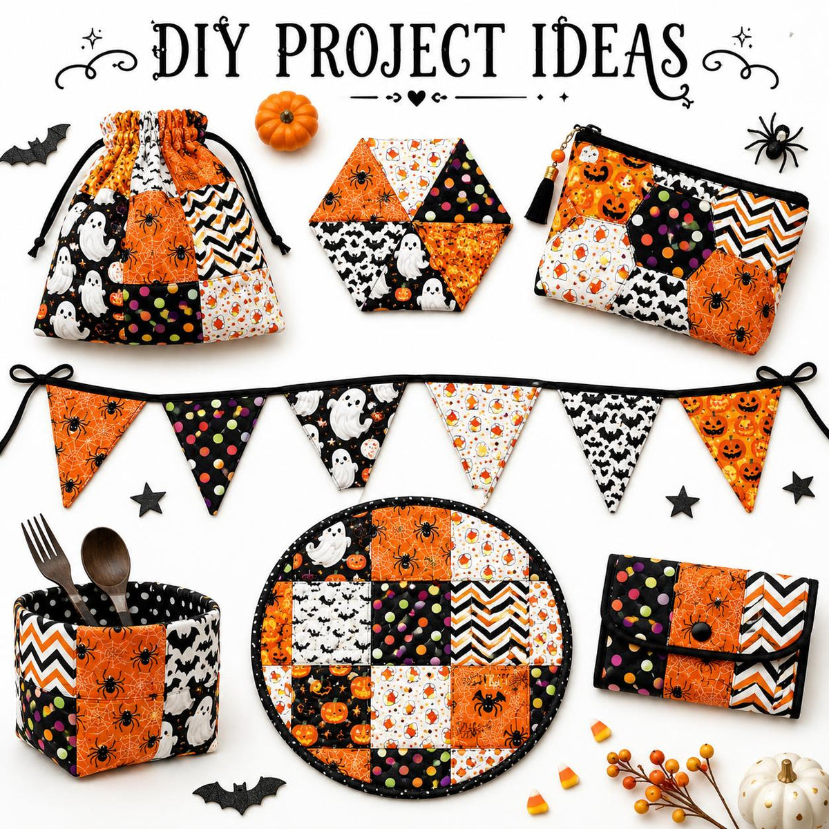 10pcs Charm Pack Set Pumpkin Bat Ghost Halloween Pattern Vintage Style Handmade DIY with Rich Color and Texture Elements 100% Polyester Patchwork in 10 Design Styles Suitable for Patchwork DIY Craft Projects DIY Wallet Making Gift Giving Bag Making Mother