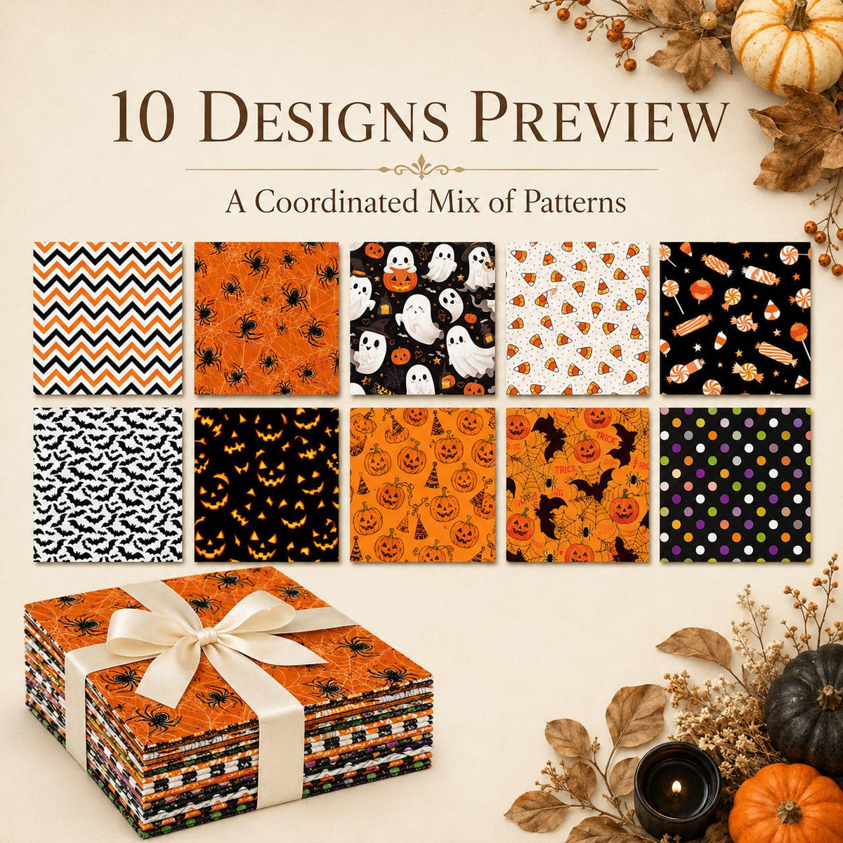10pcs Charm Pack Set Pumpkin Bat Ghost Halloween Pattern Vintage Style Handmade DIY with Rich Color and Texture Elements 100% Polyester Patchwork in 10 Design Styles Suitable for Patchwork DIY Craft Projects DIY Wallet Making Gift Giving Bag Making Mother