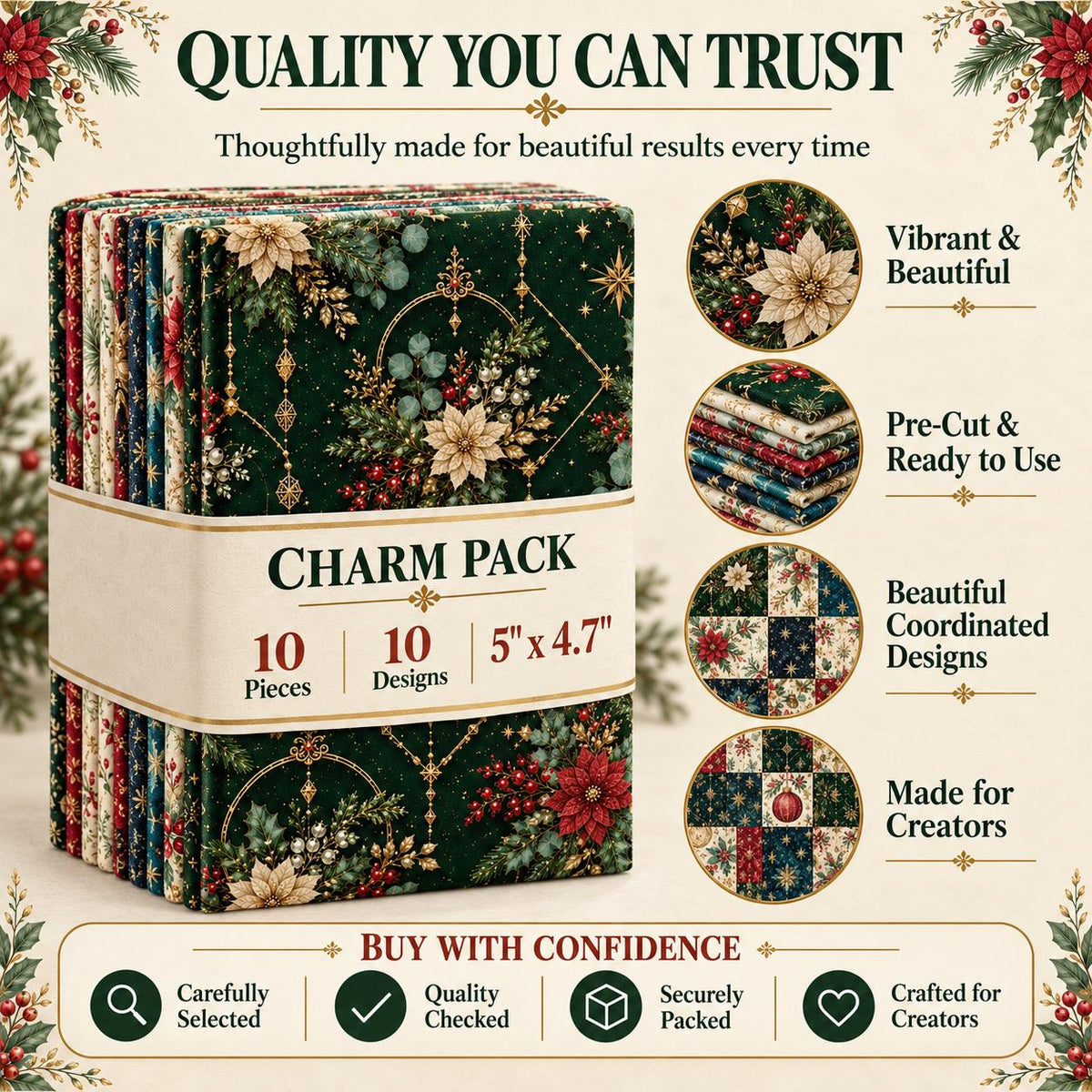 10Pc/Set Christmas Flower Series Star Holly Pinecones  Fat Quarter Fabric, Pre-Cut Square Fabric Assort, Fabric Set, Craft Fabric, Handmade DIY Patchwork Fabric,Home Quilting Sewing Fabric, Packaging Fabric, Scrapbooking Craft Hobbyist