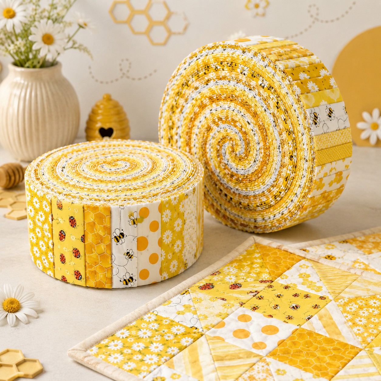10Pc/Set, Making 10 Images 1pc Each, Each Size: 6.3*50cm Ladybug Bee Spring Daisy Yellow Series Sliced Fabric Set Style Combination, Polyester Jelly Roll Fabric Strips, Pre-Cut Quilting Squares, For Quilting DIY, Handicrafts And Sewing, Blankets, Rugs