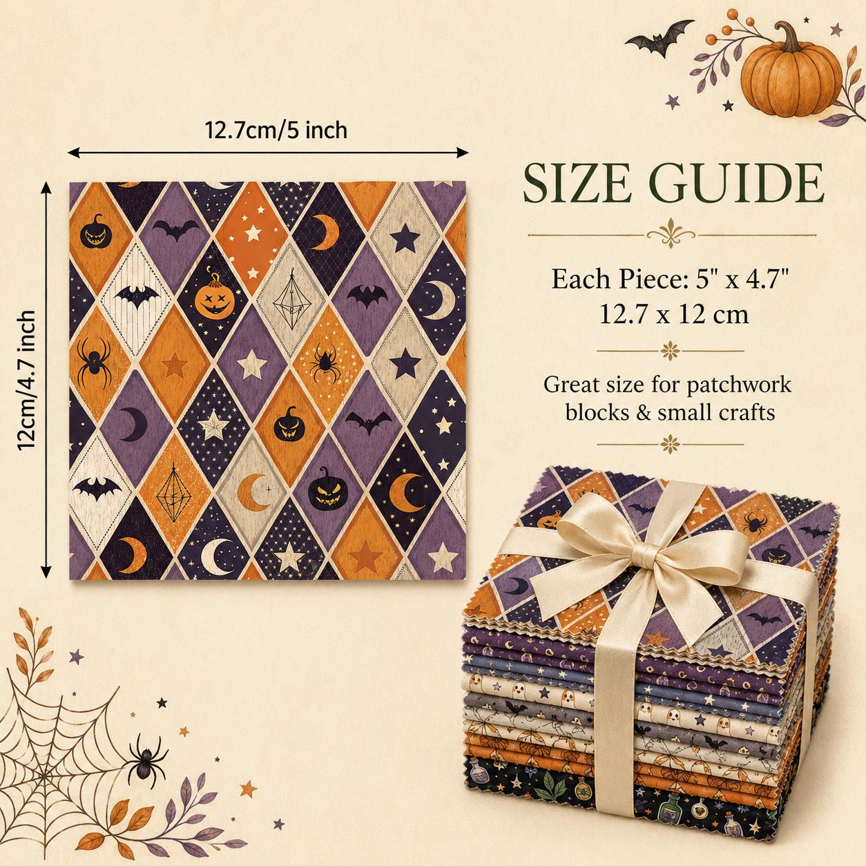 10pcs Charm Pack Set Bat Pumpkin Moon Halloween Vintage Style Pattern Handmade DIY with Rich Color and Texture Elements 100% Polyester Patchwork in 10 Design Styles Suitable for Patchwork DIY Craft Projects DIY Wallet Making Gift Giving Bag Making