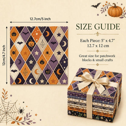 10pcs Charm Pack Set Bat Pumpkin Moon Halloween Vintage Style Pattern Handmade DIY with Rich Color and Texture Elements 100% Polyester Patchwork in 10 Design Styles Suitable for Patchwork DIY Craft Projects DIY Wallet Making Gift Giving Bag Making