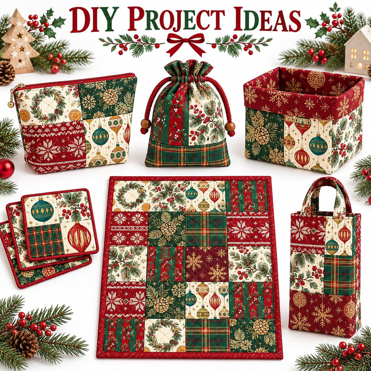 10Pc/Set Christmas Series Stripe Bowknot Wreath Flower Star Plaid Holly Pinecones Fat Quarter Fabric, Pre-Cut Square Fabric Assort, Fabric Set, Craft Fabric, Handmade DIY Patchwork Fabric,Home Quilting Sewing Fabric, Packaging Fabric, Scrapbooking Craft H